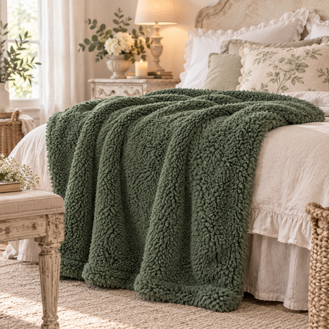 Plaid Sherpa Caldo e Soffice Verde Natale 270 GSM – Blanc Mariclò, 160x200cm