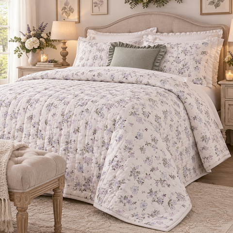Trapunta Matrimoniale Floreale Bianco e Lillà 330 GSM – Hiver Fleuri by Blanc Mariclò, 260x260cm