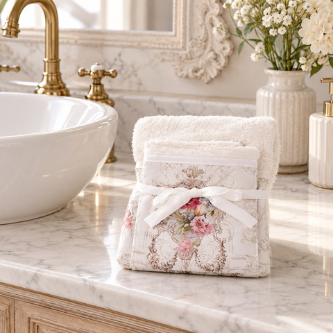 Coppia Asciugamani in Spugna con Balza Floreale Collezione Coco – Blanc MariClò, 40x60 e 60x100cm