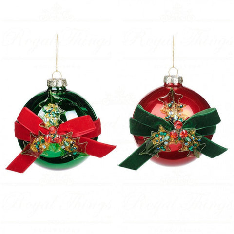 Palla di Natale in Vetro con Fiocco e Agrifoglio 10cm – Varianti Rosso e Verde