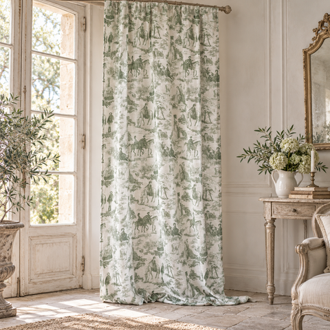 Tenda Verde con Disegni Classici – Toile de Jouy by Blanc Mariclò, 150x290cm