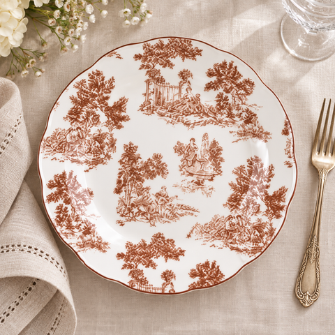 Set Piatti in Porcellana Toile de Jouy Marrone (per 6 Persone) – Blanc Mariclò, 26x26 cm