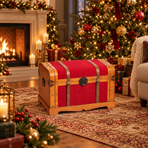 Juego de 2 baúles de madera y terciopelo rojo – Cajas baúl decorativas de 78 cm y 60,5 cm