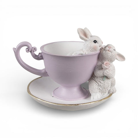 Statuetta decorativa coniglio con tazza – 16x13x12 cm (bianco/viola) by Clayre & Eef