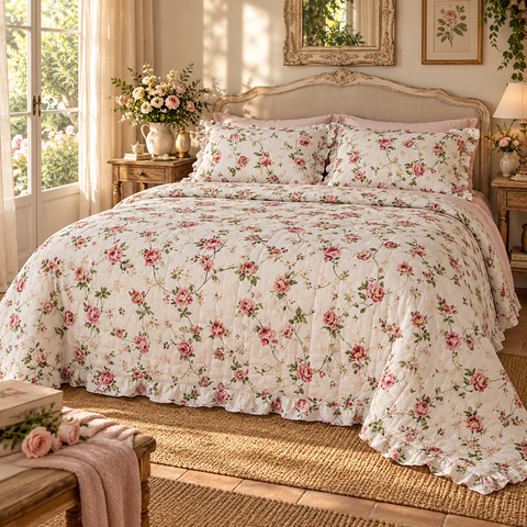 Edredón doble rosa con fundas de almohada, 260 x 260 cm, estampado floral shabby chic