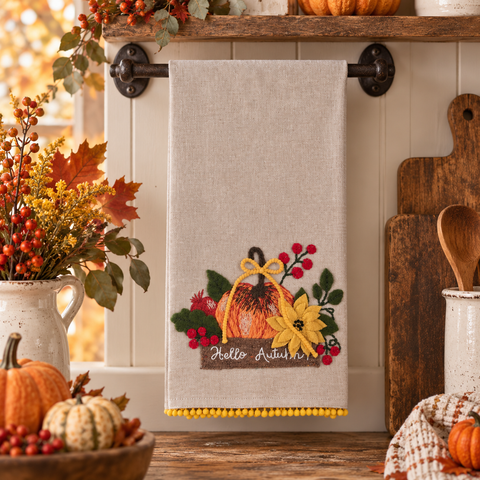 Canovaccio da Cucina Autunnale con Ricami e Applicazioni – Blanc Mariclò, 50x70 cm