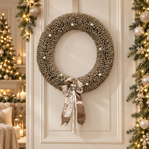 Corona Natalizia Luminosa con LED Glitter Champagne e Fiocco in Velluto – Polvere di Stelle by Mata Creazioni