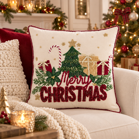 Cuscino Quadrato Natalizio con Ricami e Scritta "Merry Christmas" – Blanc Mariclò, 45x45cm