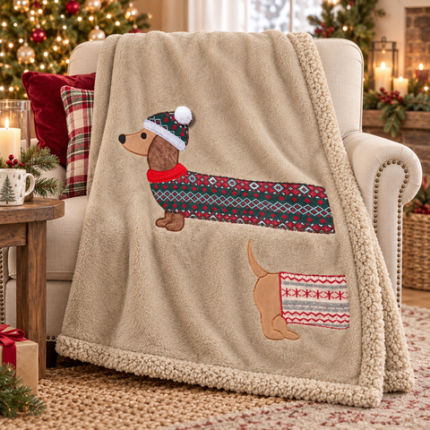 Plaid Invernale Sherpa Beige con Applicazione Bassotto Natalizio – Blanc Mariclò, 140x170cm