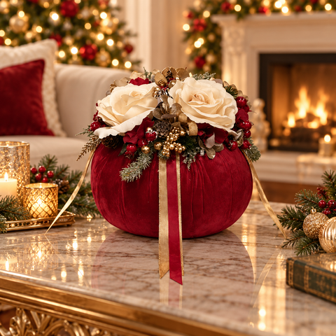 Pouf Decorativo Noël in Velluto Rosso con Rose e Bacche – Linea Noël by Mata Creazioni