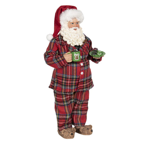 Statuetta Babbo Natale in Pigiama Scozzese con Tazza e Biscotti – 28 cm