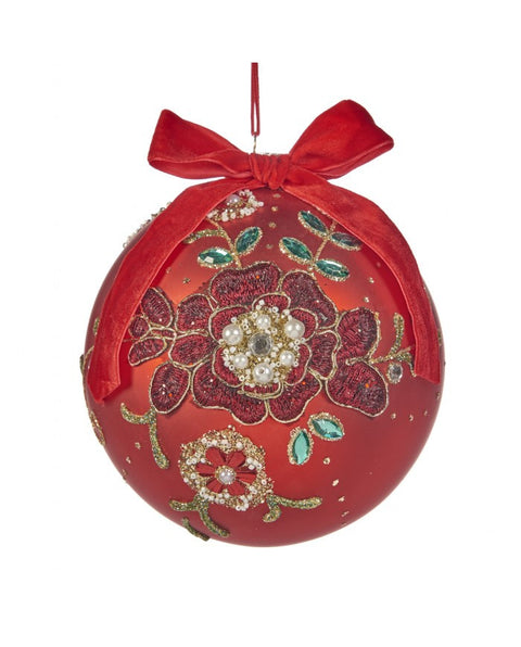 Palla di Natale in Vetro Rossa con Fiocco e Fiori Gioiello Ø15 cm - Goodwill