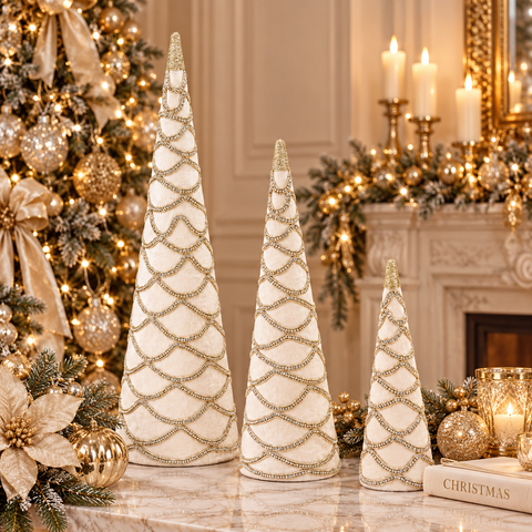 Set 3 Coni Decorativi in Velluto Crema e Gioiello Oro - Goodwill, 62cm