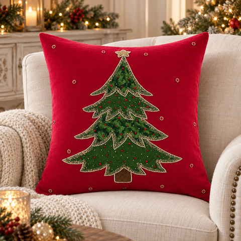 Cuscino Quadrato Natalizio Rosso con Albero di Natale Ricamato – Blanc Mariclò, 45x45 cm