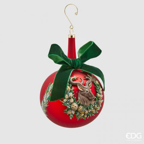 Palla di Natale in Vetro con Renna e Fiocco Verde – ColloLungo Ø 12 cm – EDG