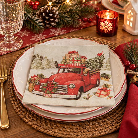 Tovaglioli di Carta Natalizi Set 20 Pz Pickup Rosso Camioncino Vintage - Clayre & Eef, 33x33 cm