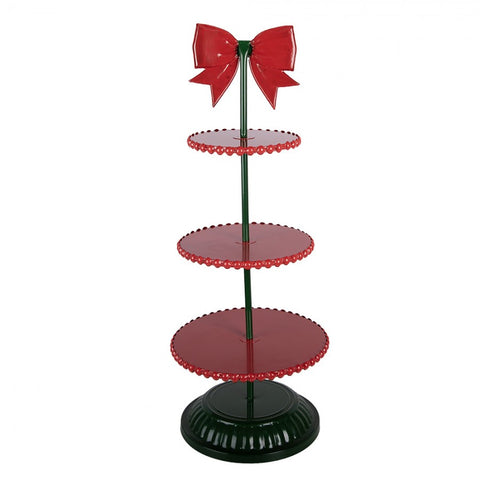 Alzata Etagère Natalizia a 3 Piani in Metallo Rosso e Verde - Clayre & Eef, Ø 31x80 cm