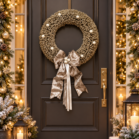 Corona Natalizia Luminosa con LED Glitter Champagne e Fiocco in Velluto – Polvere di Stelle by Mata Creazioni