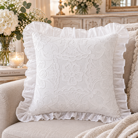 Cuscino Quadrato Bianco in Cotone Ricamato con Volant - Lace Couture by Blanc Mariclò, 45x45cm