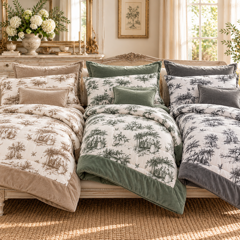 Trapunta Matrimoniale Toile Royale con Bordo in Velluto e Federe – L'Atelier 17, 260x260cm