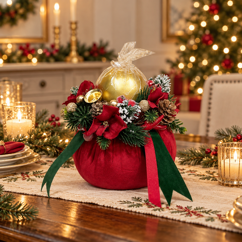 Pouf Decorativo Noël in Velluto Rosso con Rose e Bacche – Linea Noël by Mata Creazioni