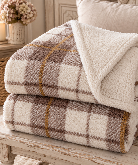 Plaid Sherpa Caldo e Soffice Beige a Quadri Tartan 420 GSM – Blanc Mariclò, 160x200cm