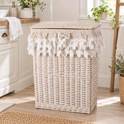 Cesta Portabiancheria “Lace” in Rattan Naturale – Singola con Volant e Fiocco (Grande, Media o Piccola)