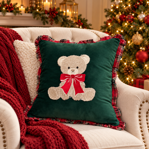 Cuscino Teddy in Velluto Verde con Orsetto Ricamato e Balza Tartan – Linea Teddy by Mata Creazioni