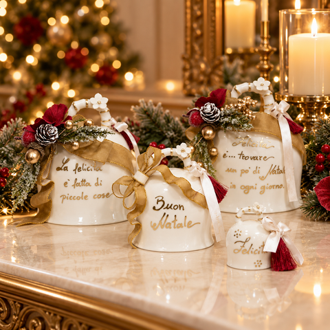 Campana Natalizia Xmas Harmony in Ceramica con Frasi Dipinte Oro e Box – Ceramic Noël by Mata Creazioni