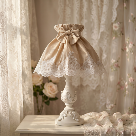 Lampada da Tavolo Shabby Chic con Paralume in cotone e Pizzo Rebrodè - 65cm