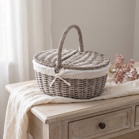 Cestino Ovale da Picnic in Salice Intrecciato Meal con Manico e Coperchio - 41x30xH36 cm