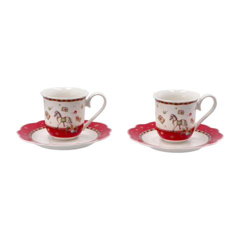 Juego de 2 tazas de café navideñas de porcelana – Roja y blanca – Ø 6 cm – Mesa navideña