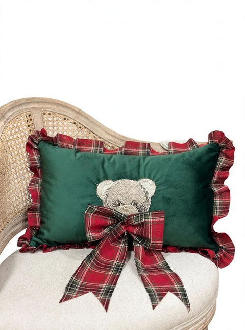 Cuscino Teddy in Velluto Verde con Orsetto Ricamato e Balza Tartan – Linea Teddy by Mata Creazioni