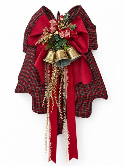 Fiocco Natalizio Aura in Tartan e Velluto con Tris di Campane – Linea Noël by Mata Creazioni, 65x38 cm