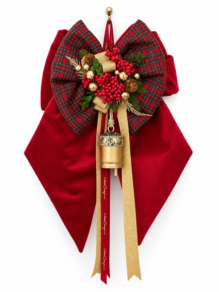 Fiocco Natalizio Shine in Velluto con Fiocco Tartan e Campanello – Linea Noël by Mata Creazioni, 30x50 cm