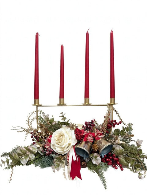 Centrotavola dell'Avvento Style con Candelabro Dorato e 4 Candele – Linea Noël by Mata Creazioni, 60x25x62 cm