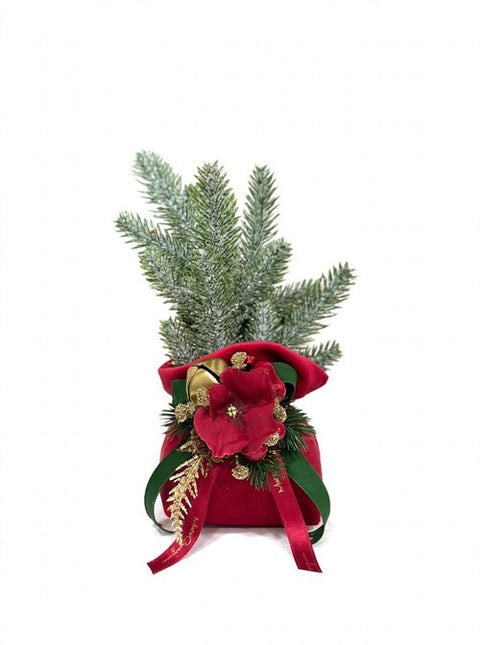 Sacco Mini Wood con Abete Innevato e Composizione – Linea Noël by Mata Creazioni, H 25 cm