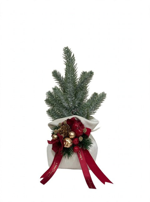 Sacco Mini Wood con Abete Innevato e Composizione – Linea Noël by Mata Creazioni, H 25 cm