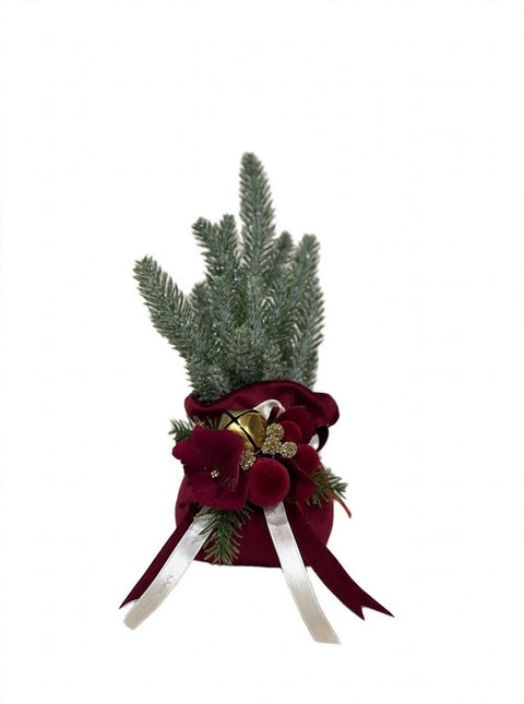 Sacco Mini Wood con Abete Innevato e Composizione – Linea Noël by Mata Creazioni, H 25 cm