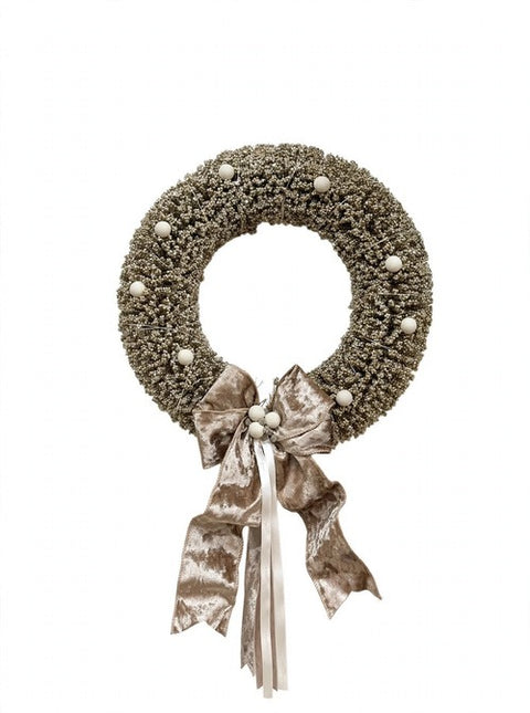 Corona Natalizia Luminosa con LED Glitter Champagne e Fiocco in Velluto – Polvere di Stelle by Mata Creazioni