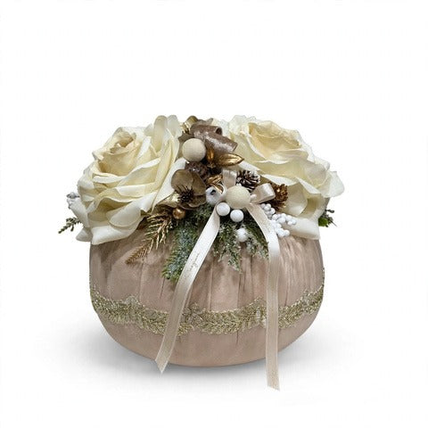 Pouf Decorativo Polvere di Stelle in Velluto con Rose Panna e Pigne Dorate by Mata Creazioni