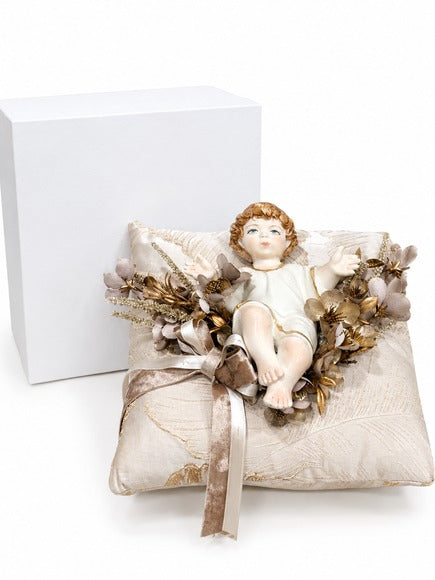 Cuscino Natività con Gesù Bambino e Composizione in Box – Polvere di Stelle by Mata Creazioni, 26x26 cm