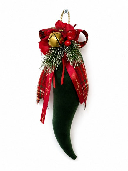Corno Velvet Portafortuna in Velluto con Composizione Natalizia by Mata Creazioni, 26 cm