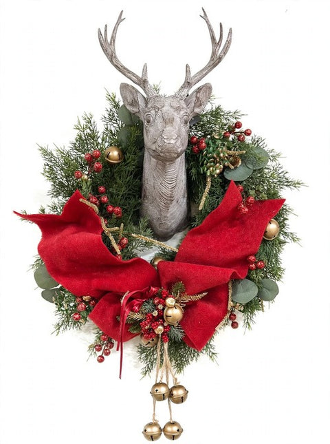 Ghirlanda Natalizia Cervo con Fiocco in Velluto e Campanelli – Linea Noël by Mata Creazioni, Ø 50 cm