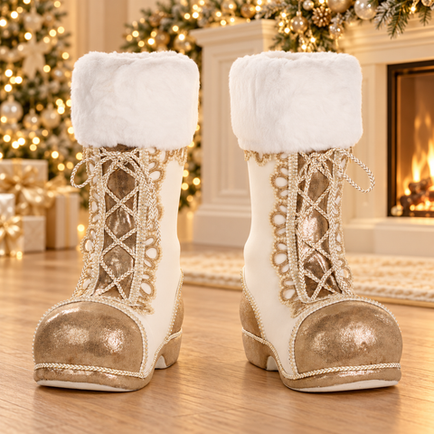 Set 2 Stivali Decorativi di Babbo Natale Crema e Oro – Goodwill, 38cm in ambientazione natalizia