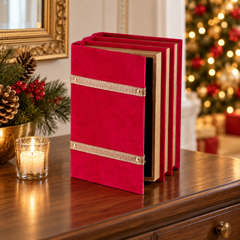 Scatola Portaoggetti a Forma di Libro in Velluto Rosso e Oro – Goodwill, 30cm in ambientazione natalizia
