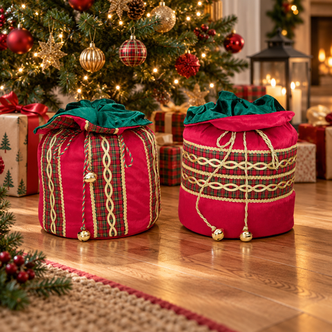 Sacco Regalo Natalizio Decorativo in Velluto Rosso e Tartan – Goodwill, 32cm in ambientazione natalizia