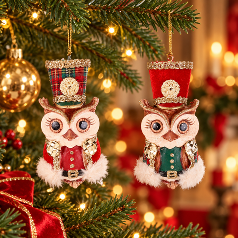 Gufo Natalizio Decorativo Nutcracker Owl in Stile Schiaccianoci – Goodwill, 11cm in ambientazione natalizia