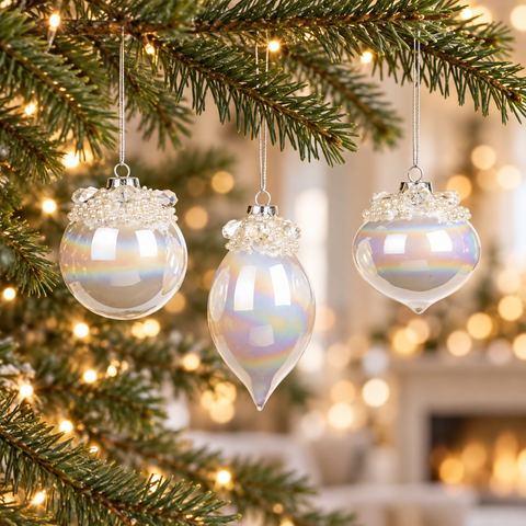 Palline iridescenti Goodwill da 8 cm con top perlato ambientate sull’albero di Natale