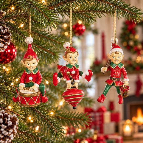 Elfi lavoratori Goodwill in resina da 11 cm ambientati sull’albero di Natale
